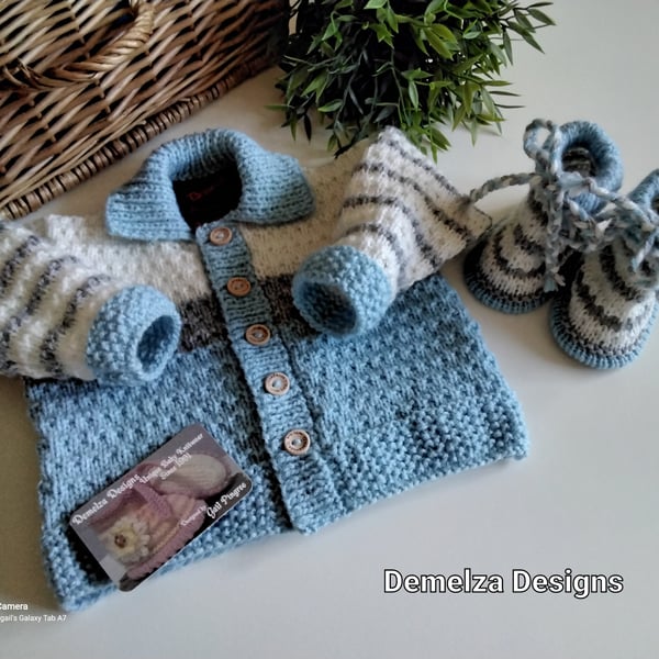 Designer Baby Boys Jacket & Booties with Merino Wool 3-9 months size