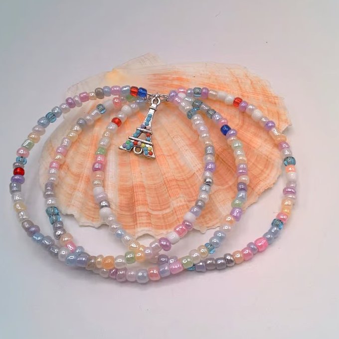 Set of 3 Stacking Memory Wire Cuff Bracelets with a Beaded Tower Charm