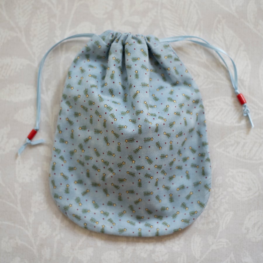 Reusable  Lined Blue Drawstring  Christmas Tree Fabric Gift Bag 