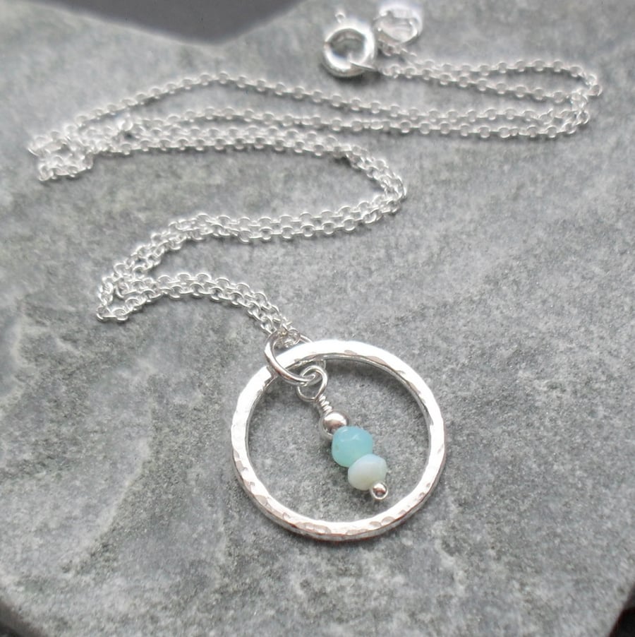 Sterling Silver Circle Pendant With Blue Opal Sterling Silver Chain 