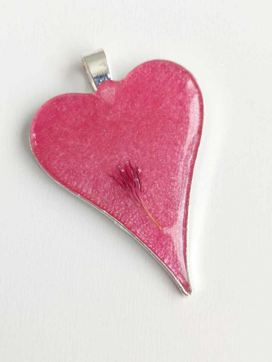 Large Heart Pendant With Dark Pink Resin & Single Petal