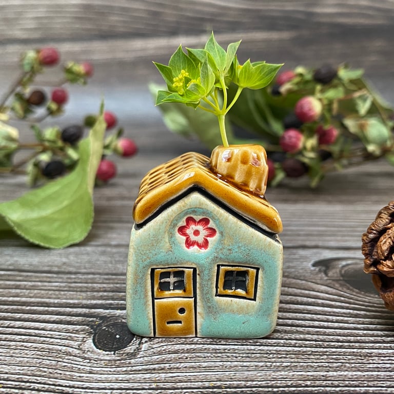 Soft Green Ceramic Mini House with Chimney - Red Flowers