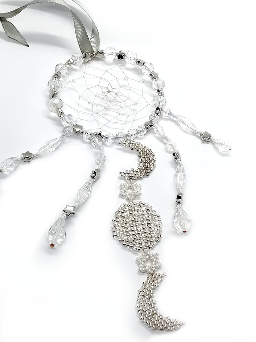 Silver and white triple moon goddess dream catcher