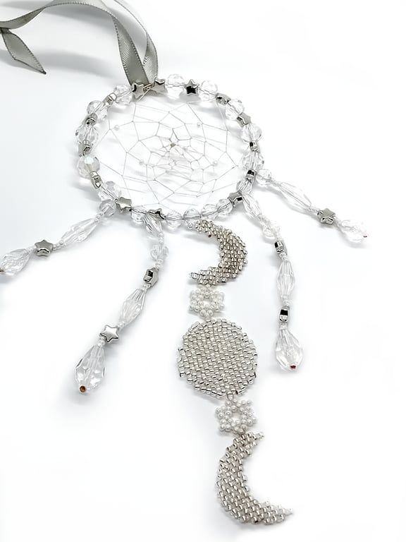 Silver and white triple moon goddess dream catcher