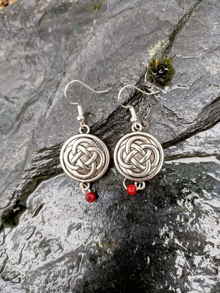 Silver plate celtic knot charm red bead ball hook earrings