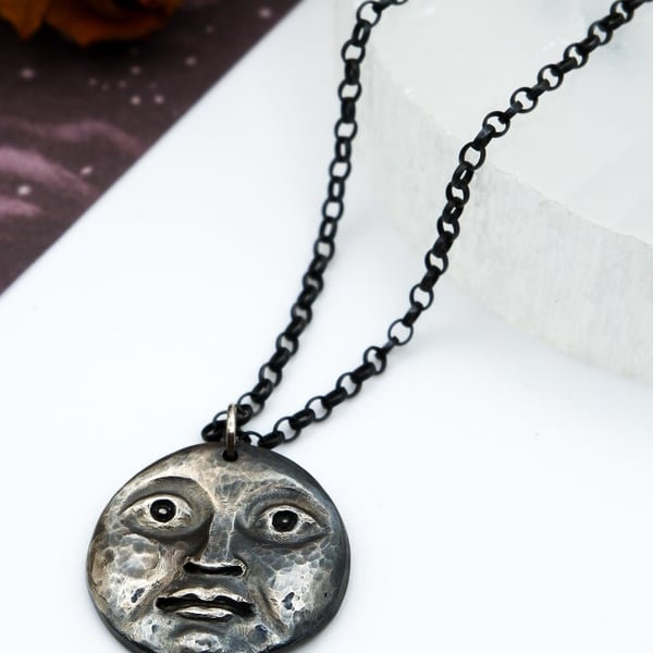 Moon Necklace - Celestial Solid Fine Recycled Silver Moon Face Necklace 