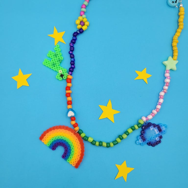 Multi-colour chunky beaded necklace with perler bead charms