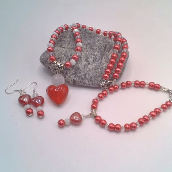 Red Pearl & Crystal Necklace, Bracelet & Earrings with Red Heart, Gift for Her