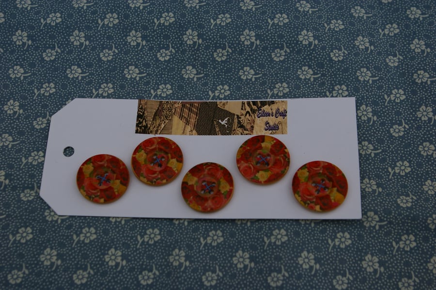 Buttons wooden 25mm set of 5 red