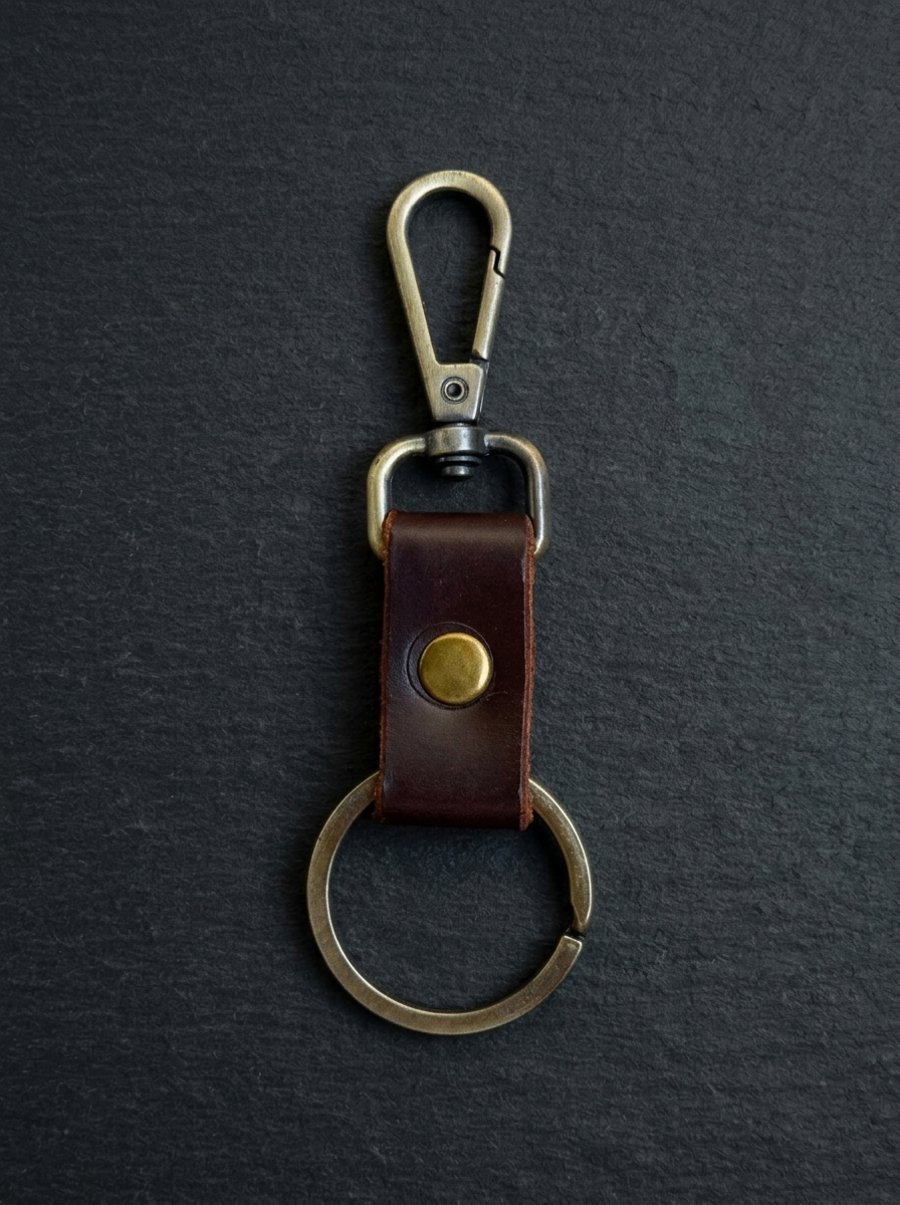Dark Brown Full Grain Compact Leather Snap Hook Keychain Handmade UK