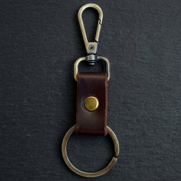Dark Brown Full Grain Compact Leather Snap Hook Keychain Handmade UK