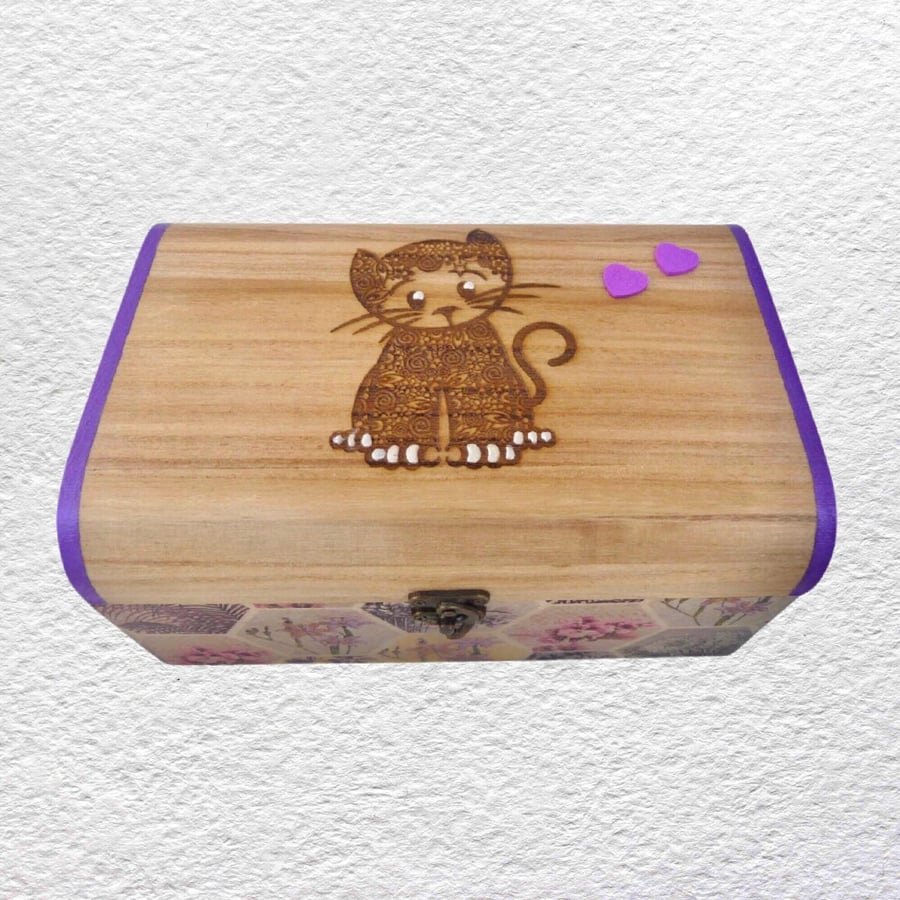 Cat Decorated Wooden Trinket Keepsake Box 25cm