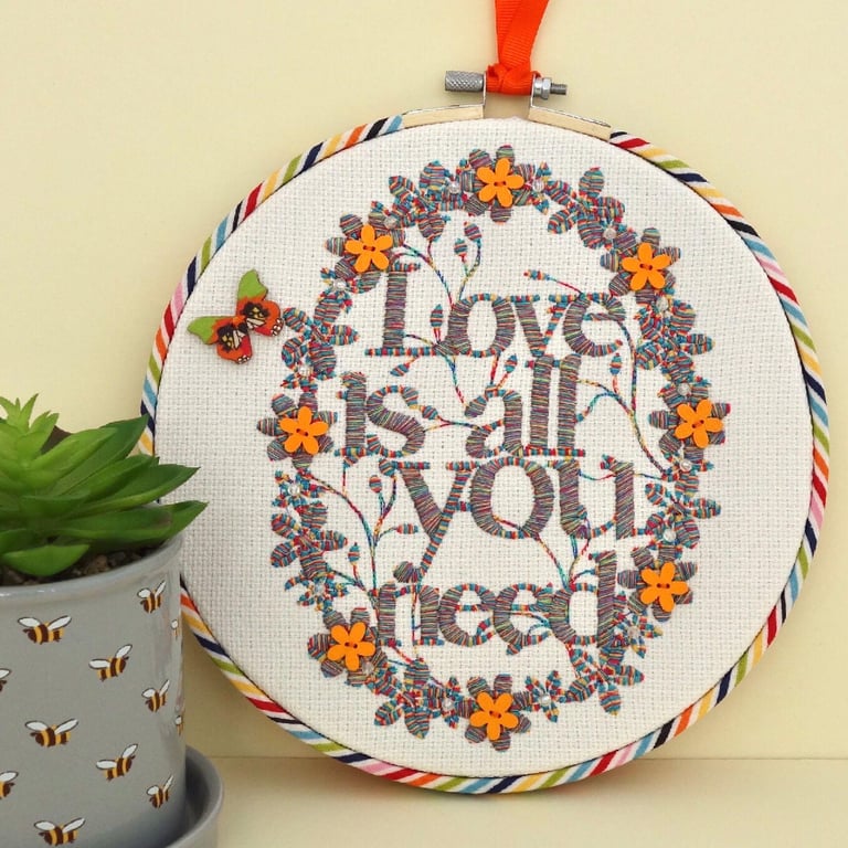 Love Is: Embroidery Hooped Decoration 20cm (8”) ready to hang