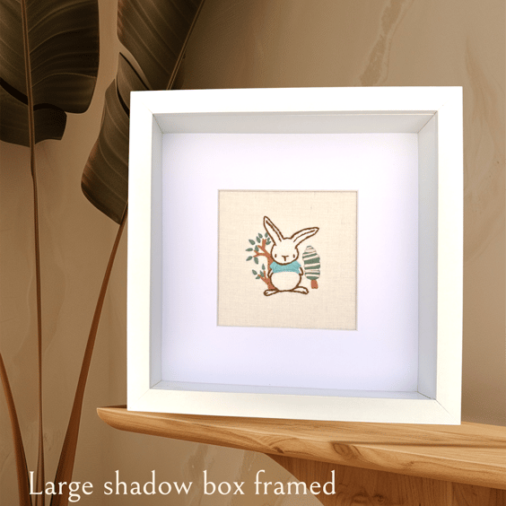 Baby picture, large framed hand embroidery of a cute rabbit, bunny in a jumper