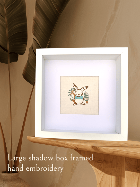 Baby picture, large framed hand embroidery of a cute rabbit, bunny in a jumper