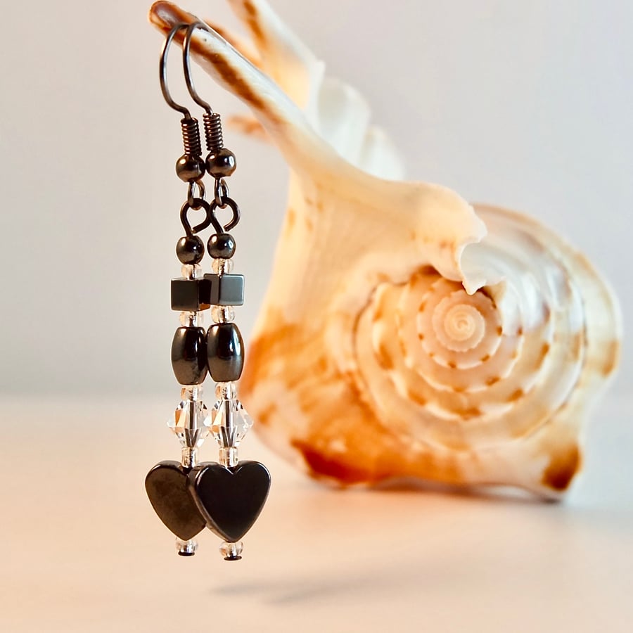 Hematite Heart Earrings With Clear Swarovski Crystals - Handmade In Devon