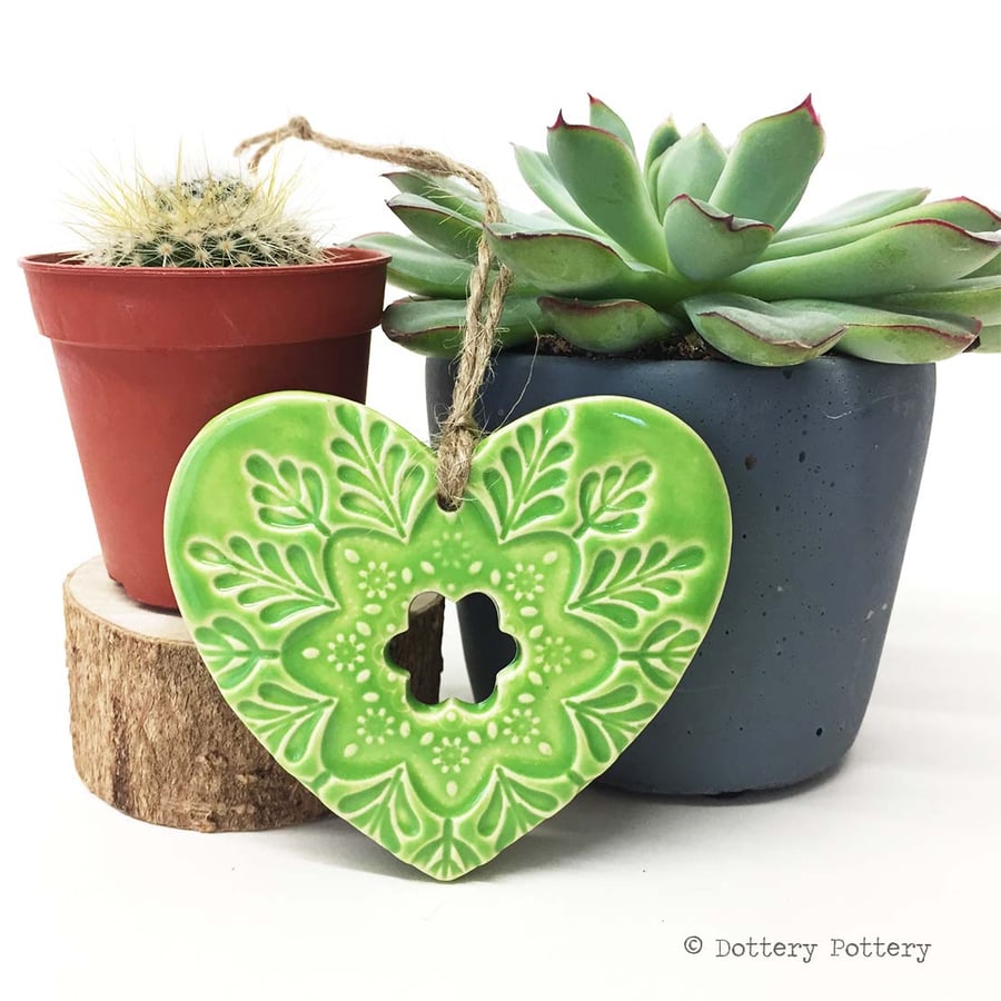 Ceramic heart hanging decoration Pottery Heart Folk art love heart GREEN