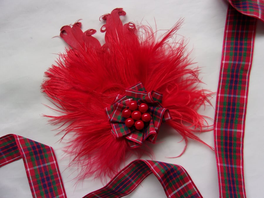 Scarlet Red Tartan Brooch Mixed Feather Frazer Tartan Ruffle with Pearls Corsage