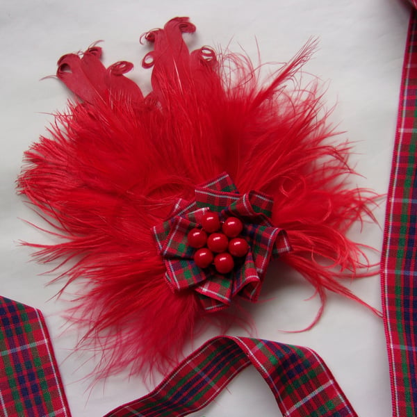 Scarlet Red Tartan Brooch Mixed Feather Frazer Tartan Ruffle with Pearls Corsage