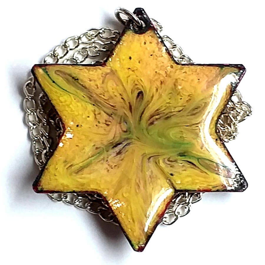 blue scrolled on yellow over clear enamel - 6 pointed star pendant