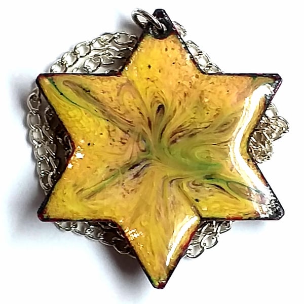 blue scrolled on yellow over clear enamel - 6 pointed star pendant