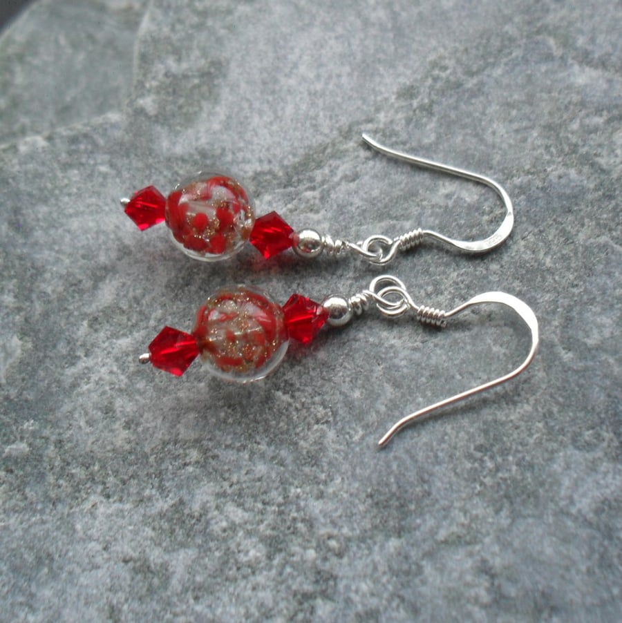 Red Murano Glass Earrings Sterling Silver With Swarovski Crystals