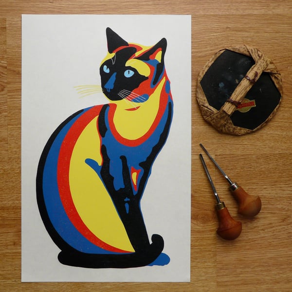 Psychedelic Siamese Cat linocut