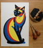 Psychedelic Siamese Cat linocut - Image 1
