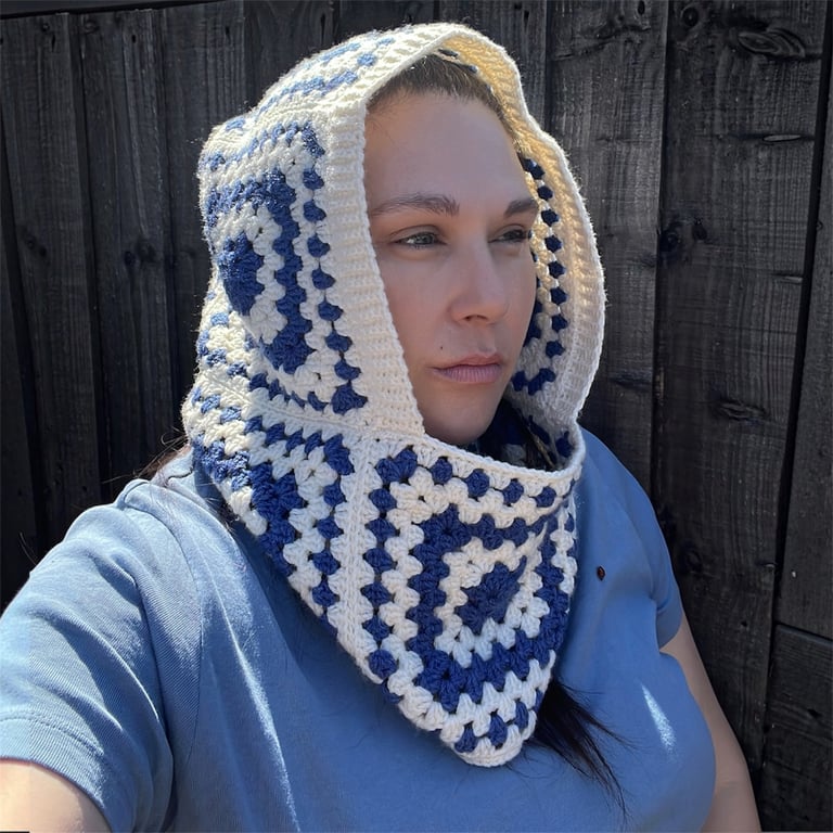 Handmade Crochet Granny Square Balaclava Hood - Cream & Denim Blue -  Ski