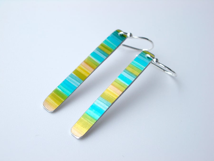 SALE Rectangle earrings in turquoise and yellow stripes SALE