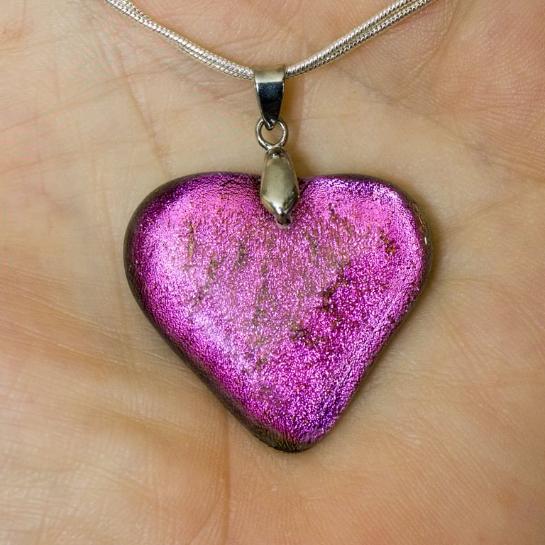 Pink Heart-shaped Dichroic Glass Pendant - 1266