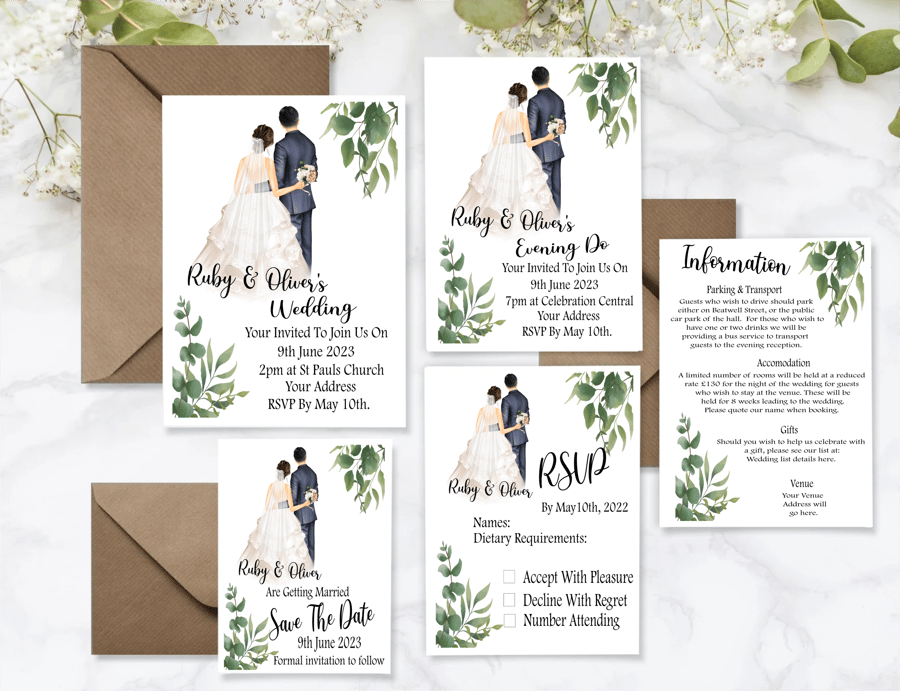 Bride & Groom Wedding Invitation Set, Personalised Wedding Stationery