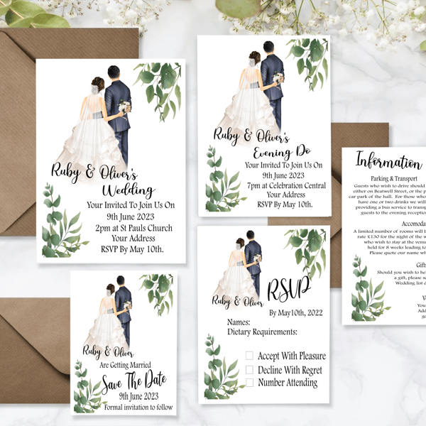Bride & Groom Wedding Invitation Set, Personalised Wedding Stationery