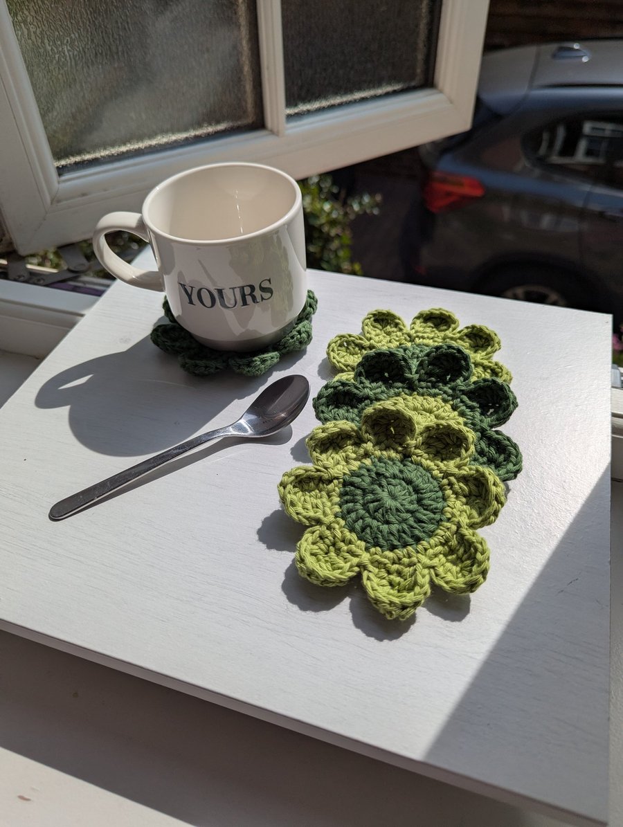 Crochet Coasters -  Forest & Apple Green Retro Flowers 