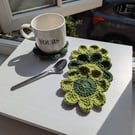 Crochet Coasters -  Forest & Apple Green Retro Flowers 