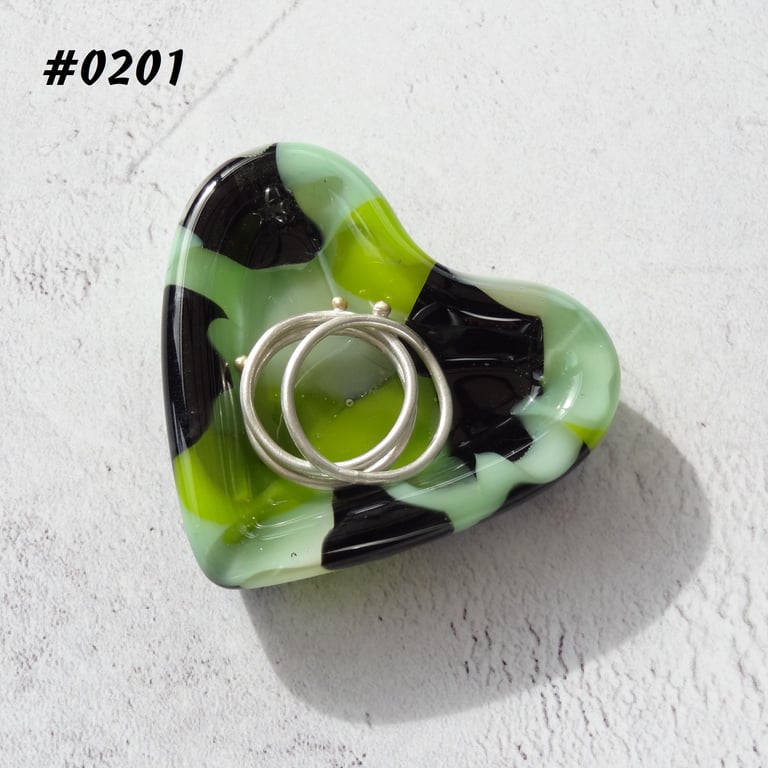 Green & black heart shaped fused glass ring dish, 5cm approx (0201)