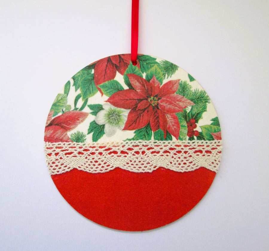 Christmas poinsettia and lace wood decoupage hanging decoration
