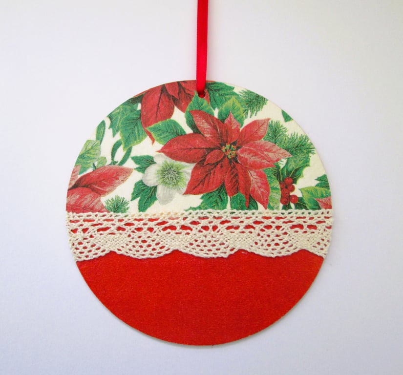 Christmas poinsettia and lace wood decoupage hanging decoration
