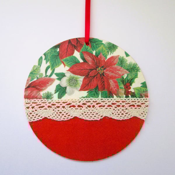 Christmas poinsettia and lace wood decoupage hanging decoration