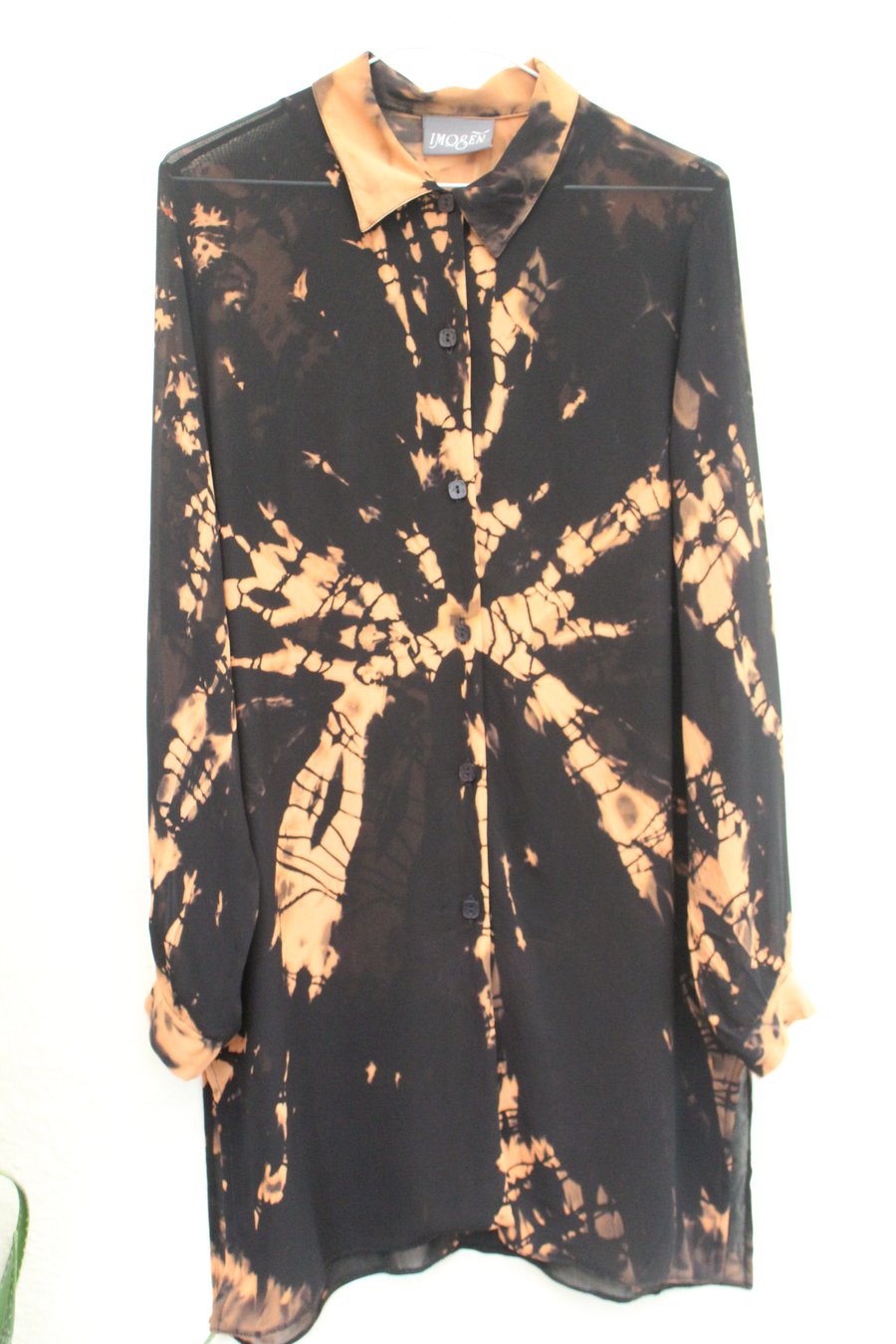 Unisex Vintage 80's reworked black and copper blouse ,Sexy sheer rust Tie Dye, 