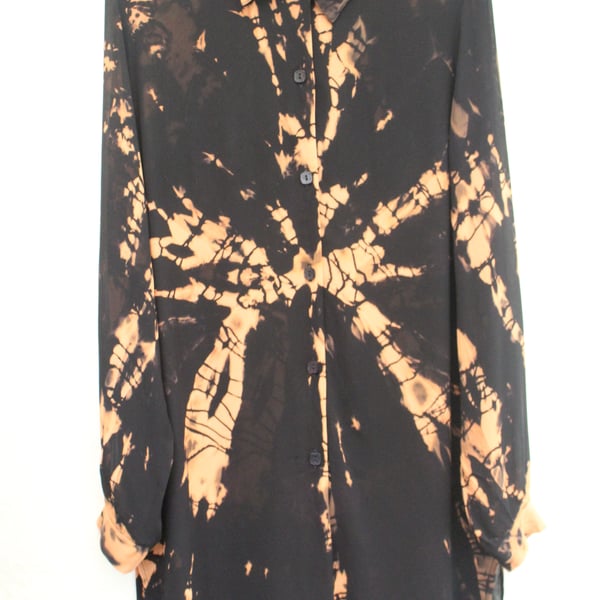 Unisex Vintage 80's reworked black and copper blouse ,Sexy sheer rust Tie Dye, 