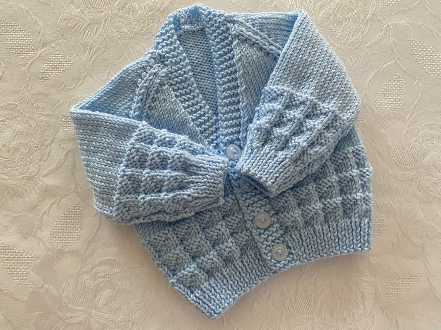 Hand knitted V neck Baby Blue Boys Cardigan to fit 0 - 3 month approx