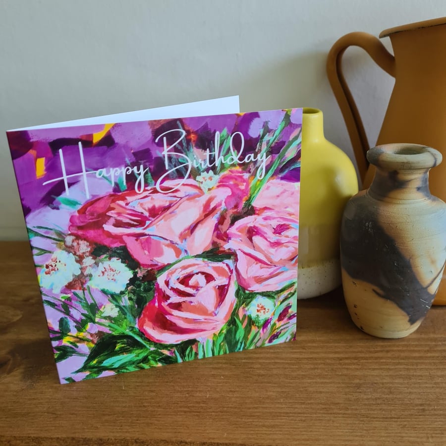 Pink roses painting printed birthday card