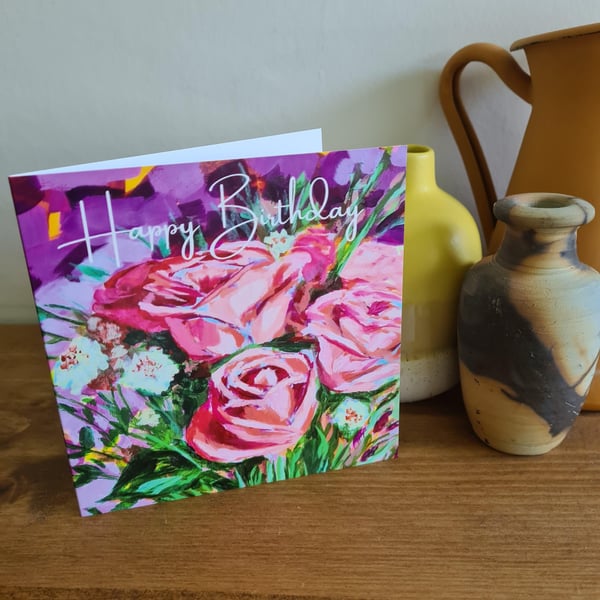 Pink roses painting printed birthday card