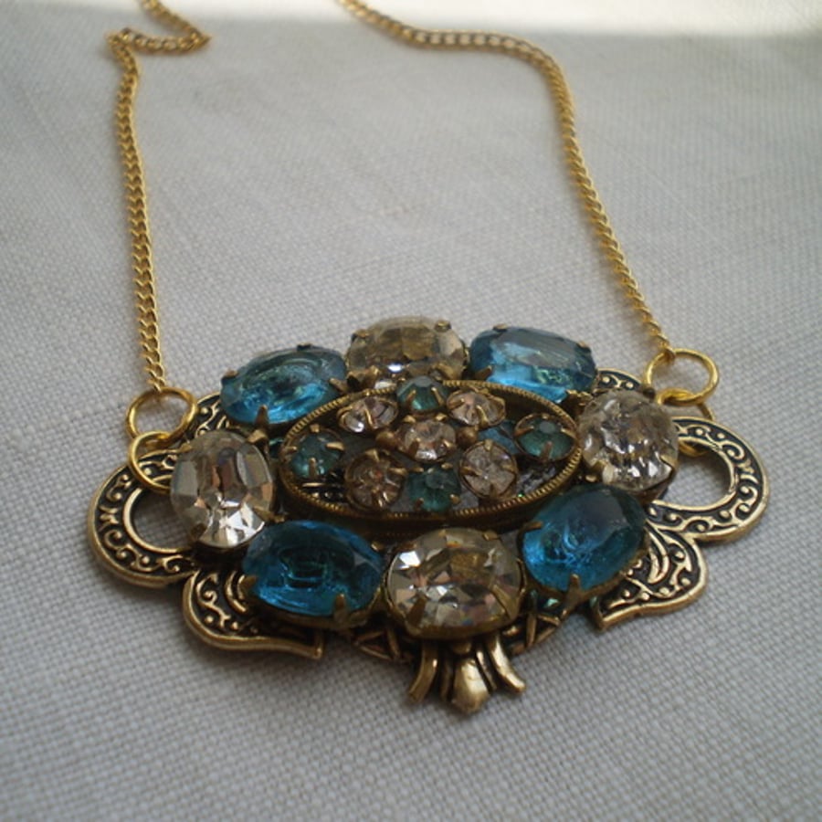 Vintage Blue Czech Glass Art Deco Necklace