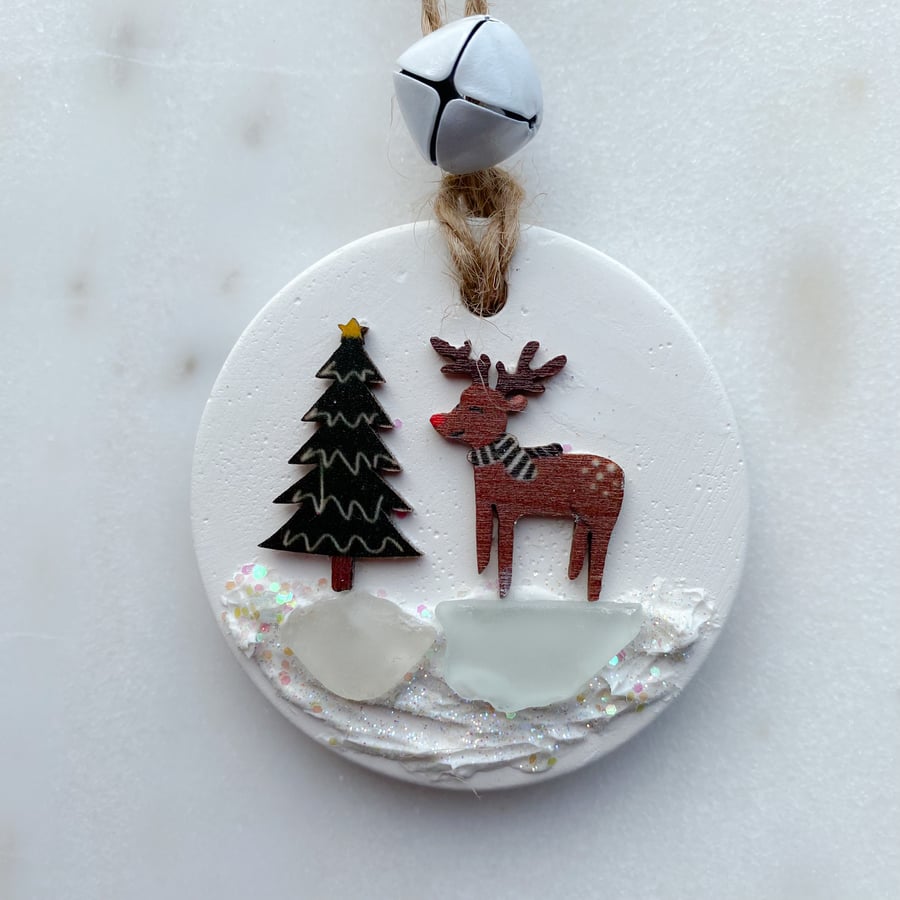 Sale-Ceramic Christmas tree decoration with Cornwall sea glass 