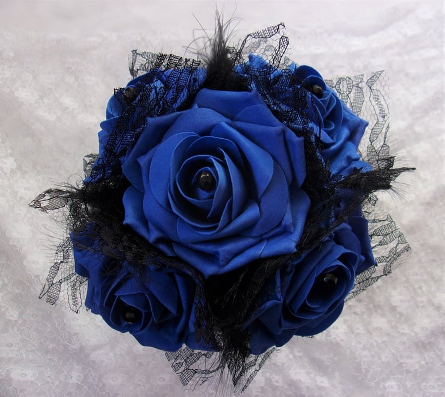 Royal Cobalt Blue & Black Rose Flower Bouquet Gothic Brides Vintage Wedding 