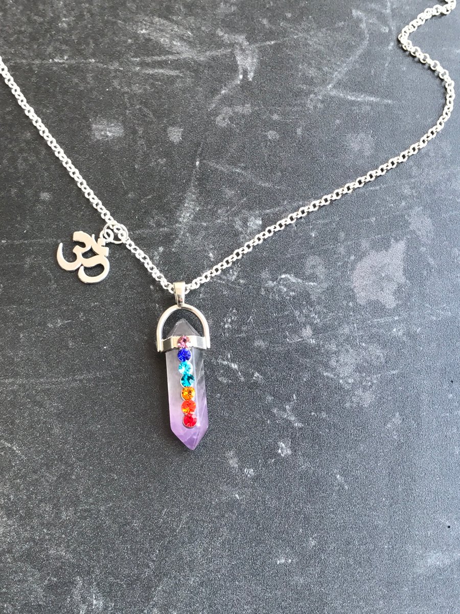 Amethyst Chakra Crystal Point Ohm Om Necklace 