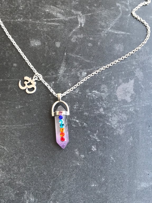 Amethyst Chakra Crystal Point Ohm Om Necklace 