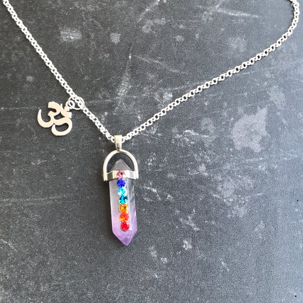 Amethyst Chakra Crystal Point Ohm Om Necklace 